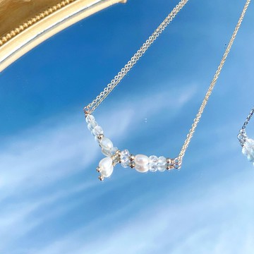 閃靈鑽海藍寶月光石天然淡水珍珠 14K包金微笑頸鍊