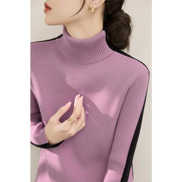 新款時尚高領拼色寬松長袖上衣女冬季套頭加厚款兩面穿針織衫毛衣