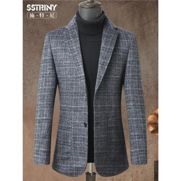 【山羊絨+桑蠶絲】高端羊絨西服格紋毛呢西裝外套男羊毛休閑單西