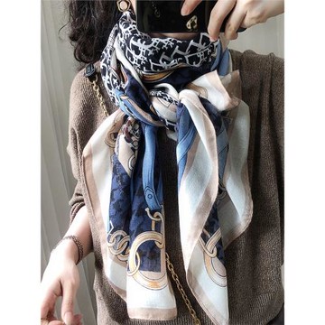 四季圍巾女春秋撞色百搭千鳥格字母棉麻披肩紗巾防曬旅行長款絲巾