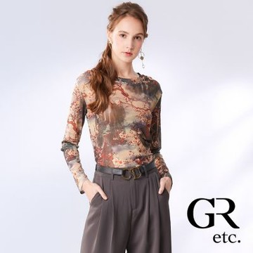 【GLORY21】網路獨賣款-etc.微透膚花卉印花長袖上衣-卡其色