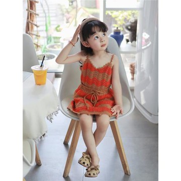 小蜜糖童裝夏季新款女童針織鏤空波浪背心半身裙套裝女寶寶兩件套