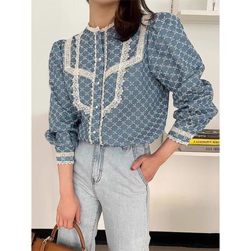 韓國chic秋季法式小眾圓領撞色拼接蕾絲印花設計寬松百搭長袖襯衫