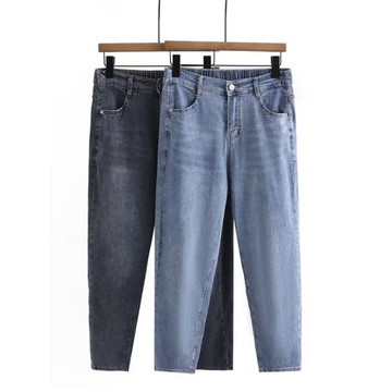 夏季薄款大碼女裝藍色牛仔褲梨形身材胖mm寬松顯瘦哈倫褲九分褲