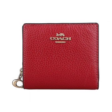 COACH雷雕金色LOGO荔枝紋皮革3卡ㄇ字型拉鍊釦式對開短夾(紅)