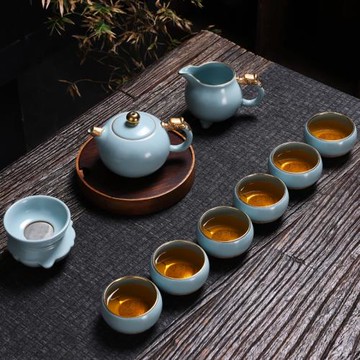 汝窯茶具套裝鎏金菩提葉功夫茶杯家用客廳輕奢現代小套泡茶壺禮盒