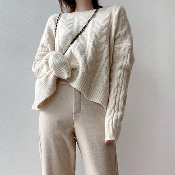 慵懶風粗線麻花毛衣女寬松套頭圓領針織長袖外穿復古上衣秋冬加厚1入