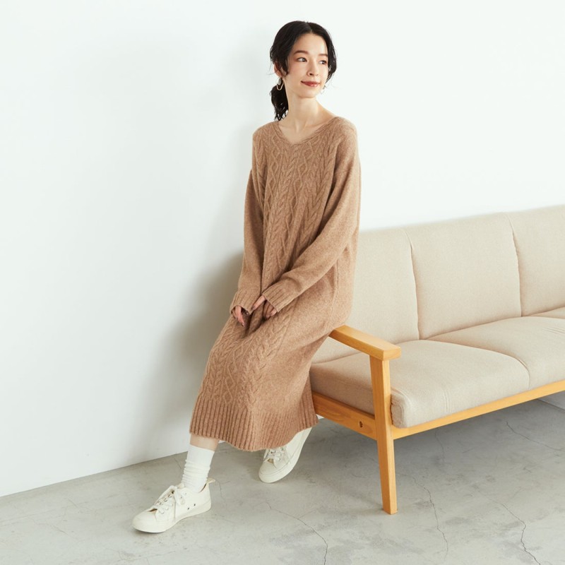 コムサイズム Comme Ca Ism ロング丈ケーブル柄 ニットワンピース ベージュ 通販 Lineポイント最大get Lineショッピング