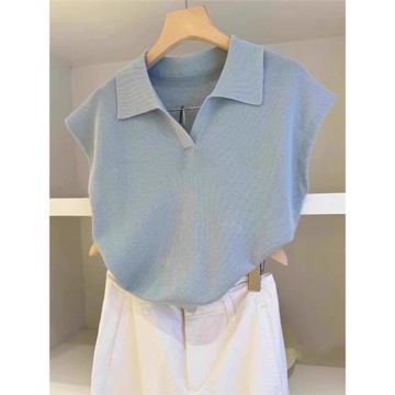 廣州十三行氣質藍色Polo翻領冰絲針織衫女夏季飛飛袖修身薄款上衣