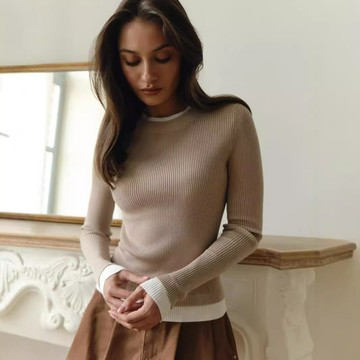 2024歐美秋冬美拉德長袖圓領薄款針織打底衫撞色拼接兔絨針織上衣鑫弘-素時衣櫥