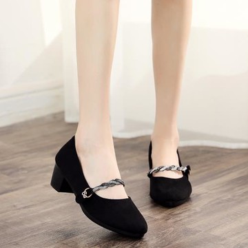 春夏老北京布鞋時尚兩穿粗跟女鞋舒適單鞋水鉆高跟磨砂淺口工作鞋