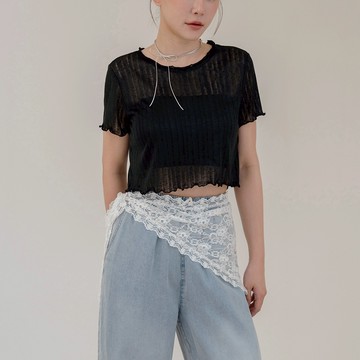 QUEENSHOP_ S 女裝 木耳邊直紋透膚短袖上衣 三色售 現+預 【01098778】