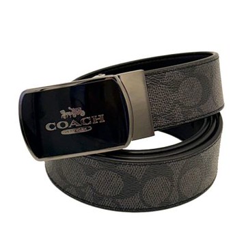COACH 男款經典C LOGO寬版皮帶(黑釦方頭-黑灰)