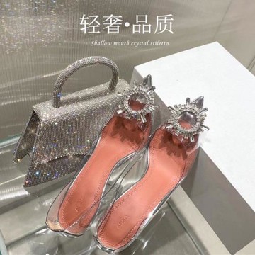 2021春秋新款淺口水晶細跟網紅水鉆透明女單鞋伴娘婚鞋尖頭高跟鞋