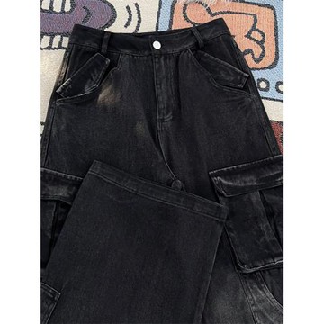 美式高街設計感工裝牛仔褲男女復古高腰直筒寬松垂感重工闊腿褲子