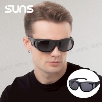 【SUNS】全包覆式偏光太陽眼鏡/套鏡 經典砂黑框 抗藍光+抗UV400/防眩光/可單戴/可套式