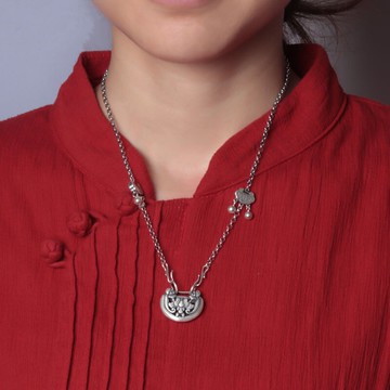 S990足銀復古如意鎖項鏈掛件 個性文藝牡丹花龍鳳呈祥鎖骨鏈吊墜