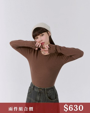 簡約坑條感彈性圓領上衣-咖 S/M/L