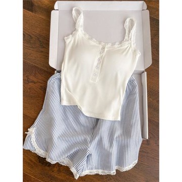 帶胸墊一體莫代爾棉睡衣女款2024新款夏季吊帶短褲套裝性感蕾絲可