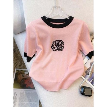 粉色撞色圓領正肩短袖t恤女夏季新款山茶花上衣冰絲針織小衫薄款