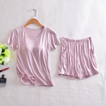 莫代爾帶胸墊睡衣女夏家居服兩件套文胸罩杯一體瑜伽服t恤可外穿