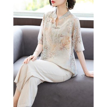 年輕媽媽款洋氣真絲小衫中年女裝夏季短袖T恤中老年國風上衣套裝