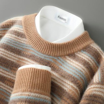 高端圓領羊絨衫男100純羊毛時尚冬季爆款條紋打底中青年拼色毛衣