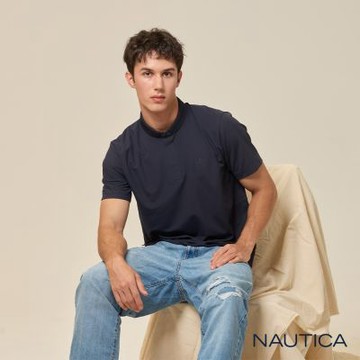 Nautica 官方旗艦 男裝 吸濕排汗立領短袖POLO衫-深藍色