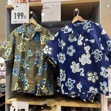 日單男裝夏季設計師合作款寬松開領印花襯衫短袖襯衣K 449637