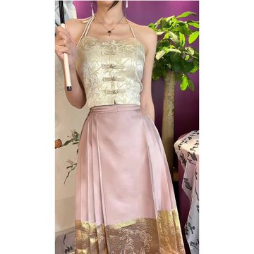 新中式國風高端奢華大牌古著vintage日常可穿吊帶粉色馬面裙套裝