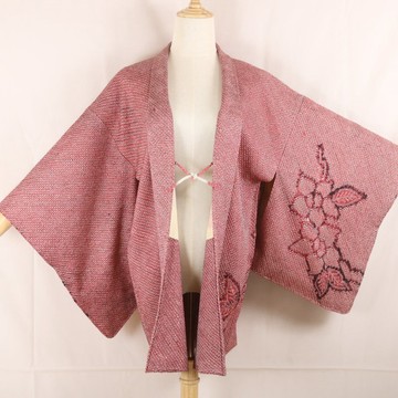 日本復古羽織 | 粉色絞染絲質 | 花枝圖案 | 女款和服罩衫