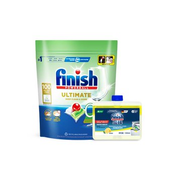 finish亮碟 洗碗機專用 零添加洗碗凝珠100入+機體清潔劑250ml-檸檬