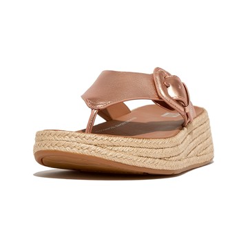 F-MODE 草編調整式扣環金屬皮革厚底夾脚涼鞋-玫瑰金色