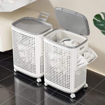 AOTTO 大容量透氣含蓋附輪髒衣籃-70L(洗衣籃 髒衣藍 置物架 收納架)