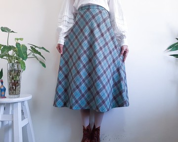 復古藍棕色格子羊毛中裙 20 世紀 70 年代格子羊毛裙 M 碼 腰圍 2