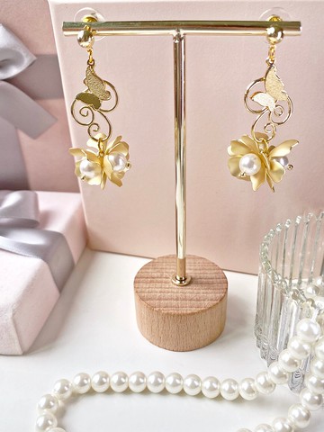 18K蝴蝶珍珠花耳環/結婚耳環/ 裙褂耳環/中式耳環