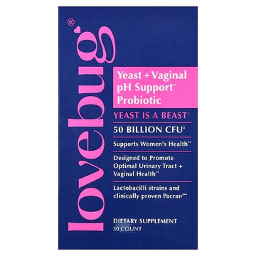 LoveBug Probiotics, 酵母 + 女性私密部位 pH 幫助益生菌，500 億 CFU，30 粒膠囊
