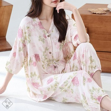 可可裡🎇夏季新款睡衣女棉綢套裝媽媽裝大碼寬鬆開衫家居服夏天洋氣兩件套