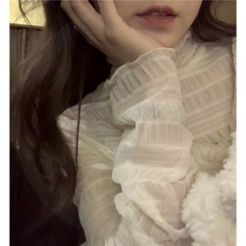 年春秋新款高領蕾絲打底衫女秋冬洋氣短款內搭堆堆領網紗上衣