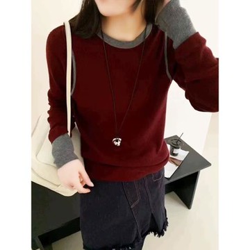 歐貨2026新款套頭撞色拼接假兩件圓領長袖寬松羊毛針織衫毛衣女