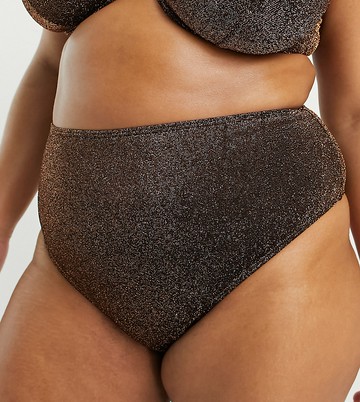South Beach Curve Exclusive high waist bikini bottom in brown metallic