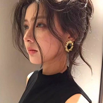 很韓很高級 黑色橢圓金屬耳環 誇張耳環女 耳釘女 高級感氣質 歐美復古宮廷風耳飾 耳釘耳飾 韓系 高級感名媛風