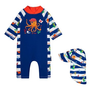 英國 JoJo Maman BeBe - 連身式泳裝+防曬護頸遮陽帽-海盜生活_JJL2012+海盜生活_JJL2753