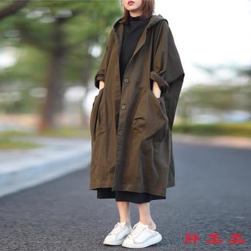 【M-5XL大尺碼】大尺碼女裝 大碼外套 長款風衣 風衣外套 外貿一綫大牌撤櫃剪標女裝秋冬新款寬鬆大碼過膝長款連帽風衣外