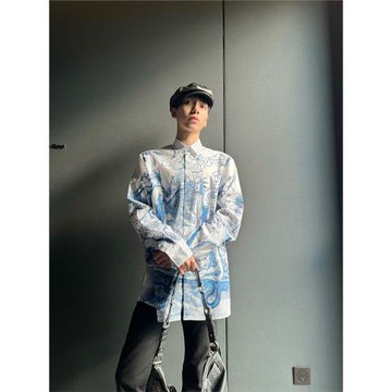 TRENDYWU 新品復古質感時髦重工設計感浮雕印花寬松廓形長袖襯衫