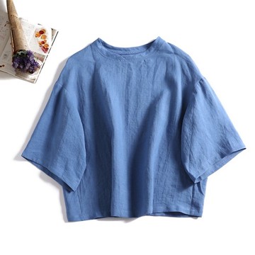 100%亞麻 七分袖落肩寬鬆襯衫 藍色 190702-2