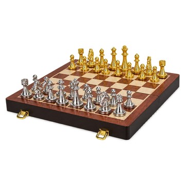 棋藝類桌遊 藝啟 西洋棋 金屬棋盤 國際象棋套裝 棋盤 加重棋子 折疊西洋棋 高檔成人象棋套裝 金銀皇高-6.7CM