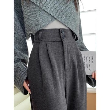 加厚毛呢闊腿褲女秋冬高級垂感灰色西裝褲高腰顯瘦窄版直筒拖地褲