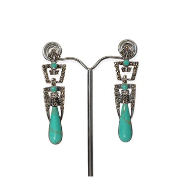 裝飾藝術風格綠松石配白鐵礦吊式耳環 / 套裝 925 純銀