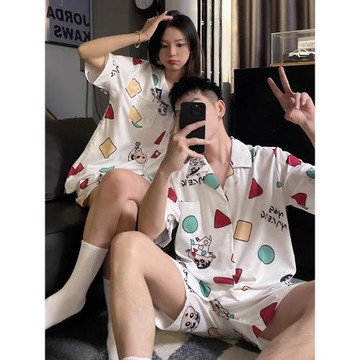 情侶睡衣女夏季冰絲短袖薄款男士可愛蠟筆小新絲綢夏天家居服套裝